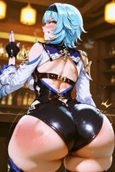 ai_generated ass ass_focus backless_outfit blurry_background blush clothing eula_(genshin_impact) fat_ass genshin_impact heavy_breathing huge_ass inviting_to_sex looking_at_viewer motion_lines shiny_skin slap_mark slapping_ass sweat tavern teeth thick_thighs tight_clothing