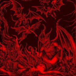 artist_request blood breasts death demon demon_horns demon_wings demons female_death flying gore guro horns horror horror_(theme) impaled injury male_death monochrome multiple_deaths multiple_girls multiple_others murder no_nose nude pulling_hair rape red_theme ribs skinny skull tail teeth topless topless_female trident weapon wings