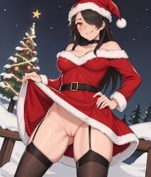 ai_generated ai_hands christmas christmas_outfit cinder_fall looking_at_viewer outdoors presenting_pussy rwby teasing teasing_viewer