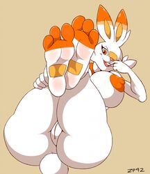 1girls 3_toes anthro anthrofied areola areolae ass big_breasts big_feet breasts buckteeth bunny eyelashes feet female female_only foot_focus fur furry furry_only huge_ass huge_breasts laying_down legs_up looking_at_viewer naked nipples nude on_back orange_eyes orange_fur orange_skin paws pokémon_(species) pokemon pokemon_ss puffy_nipples puffy_tail pussy scorbunny soles tail text thick_thighs toes vagina watermark white_fur white_skin wide_hips zp92