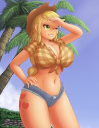 applejack_(mlp) beach belly big_breasts blonde_hair blush breasts cleavage cutie_mark denim denim_shorts equestria_girls female female_only freckles green_eyes hasbro hot_pants hotpants huge_breasts humanized large_breasts my_little_pony navel orange_skin saf-404 safartwoks safartworks straight_hair tattoo tied_shirt wide_hips