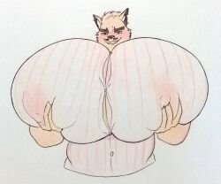 2024 anthro barely_contained barely_visible_nipples big_pecs blush canid canine clothing cnb2804 don_(cnb2804) facial_hair hi_res holding_pecs hyper looking_at_viewer male mammal moustache nipples pecs shirt solo topwear