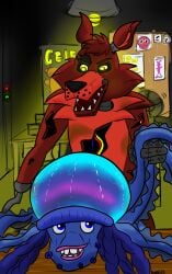 animatronic anthro blue_body blue_eyes canid canine cnidarian crossover dreamworks duo ernie_(shark_tale) eye_patch eyewear five_nights_at_freddy's fox foxy_(fnaf) fur glowing glowing_eyes hi_res jellyfish kwolf13 machine male male/male male_penetrated male_penetrating male_penetrating_male mammal marine medusozoan penetration red_body red_fur robot scottgames sex shark_tale teeth tentacle tooth_gap