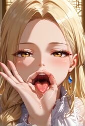 ai_generated bangs blush braid brown_eyes close-up earrings eyelashes face female heart jewelry long_hair looking_at_viewer open_mouth oral_invitation parted_bangs solo tongue tongue_out