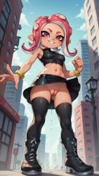 agent_8_(splatoon) ai_generated ai_hands ass_visible_through_thighs autismmix_confetti_(model) black_thighhighs boots breasts building cleft_of_venus covered_nipples dark_skin day erect_nipples from_below full_body grind high_heels lamppost looking_at_viewer marusame medium_breasts navel no_panties octoling octoling_girl outdoors pink_eyes pink_hair public_indecency pussy pussy_juice pussy_juice_drip skirt sky splatoon stable_diffusion teeth tentacle_hair thighhighs