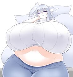 1girls chubby chubby_female female fox_ears fox_girl fox_tail fox_tails futon_(artist) gray_hair hyper hyper_ass hyper_breasts hyper_thighs jeans solo solo_female stomach sweater tail tails tummy