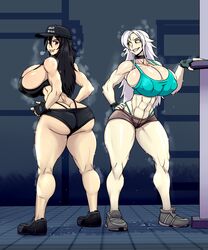 2girls abs ass ber00 big_ass bra breasts cleavage female female_only ferris_(raiosmanis) gym huge_breasts kagura_(raiosmanis) muscles muscular muscular_female shorts sweat white_hair