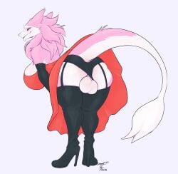 anthro armwear balls big_breasts black_sclera breasts clothing countershade_face countershade_fur countershade_tail countershade_torso countershading fur genitals gynomorph hi_res huge_breasts intersex kristoph_wulphenstein legwear lofiflavors pink_body pink_fur rear_view sergal simple_background solo stockings tail thigh_highs white_body white_fur yogoat