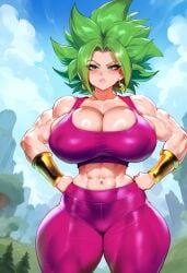 1girls abs ai_generated big_breasts blue_eyes clothed clothing dragon_ball dragon_ball_super female female_focus female_only fit_female green_hair kefla large_breasts ldoe_art long_hair muscles muscular muscular_female solo solo_female thick_thighs