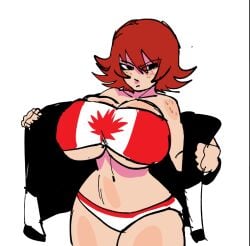 1girls big_breasts black_eyes canada canadian_flag canadian_flag_bikini female freckles freckles_on_face freckles_on_shoulders hentae(artist) jacket kim_pine light-skinned_female light_skin maple_leaf open_clothes open_jacket partially_clothed red_hair scott_pilgrim short_hair solo solo_female striped_underwear underwear undressing