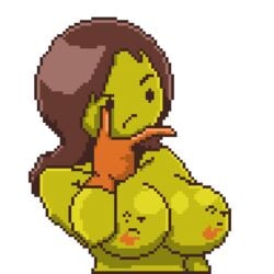 breasts brown_hair dot_eyes emoji emoji_(race) female female_only gloves meme mob_face pixel_art simple_background stranga thinking thinking_emoji yellow_skin