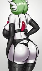 1girl ai_generated armwear big_ass big_ass_(female) black_armwear black_legwear black_lingerie black_thighhighs female female_only gardevoir giant_breasts legwear lingerie pixai pokemon pokemon_(species) thighhighs