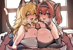 1boy 2girls animal_ears asobinin_wa_kenja_ni_tenshoku_dekiru_tte_shittemashita?_~_yuusha_party_o_tsuihou_sareta_lv_99 ass barefoot bell black_panties blonde_hair blue_shorts blush breasts cat_ears cat_girl cat_tail censored character_request closed_eyes collar cooperative_paizuri cute_fang cutoffs denim denim_shorts feet female gene_(gear_gene) hair_ornament huge_breasts indoors jean_shorts jingle_bell kemonomimi long_hair looking_at_viewer multiple_girls neck_bell nyannyan oerba_yun_fang open_mouth original paizuri paizuri_with_gigantic_breasts panties penis red_collar red_eyes red_hair short_shorts shorts sitting smile straight sweat tail teeth tina_panetta titfucking titjob twintails underwear upper_teeth_only