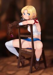 armband asymmetrical_clothes bare_shoulders blonde_hair blue_eyes blush breasts censored chair choker cup drinking_glass elbow_gloves elf female glass gloves gluteal_fold halterneck looking_to_the_side miniskirt mosaic_censoring neliel_(nilsunna) nilsunna original pointy_ears pussy short_hair sideboob single_sock single_thighhigh skirt slouching socks solo spread_legs sulking thighhighs white_legwear wine_glass