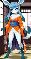 1girls 2024 ai_generated anthro blue_eyes blue_fur blushing bottomless bottomless_female cleavage digitigrade eeveelution female female_only generation_4_pokemon glaceon hi_res indoors innie_pussy japanese_clothes kimono looking_at_viewer nintendo pokemon pokemon_(species) pussy smile