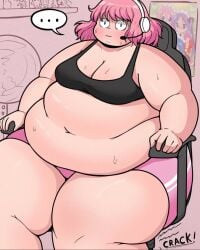 breaking chair creaking fat fat_arms fat_thighs gamer gamer_girl gaming_chair massive_thighs morbidly_obese morbidly_obese_female obese_female sweat sweatdrop tagme tagme_(artist) too_fat too_heavy