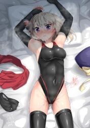 1girls absurdres arms_up azur_lane beret black_panties blonde_hair blush bow breasts bukkake commentary_request covered_navel cross cum cum_on_face elbow_gloves facial female female_only fingerless_gloves gloves hair_between_eyes hairbow hat highleg highleg_one-piece_swimsuit highres hip_focus inori_(xyz5568) iron_blood_(azur_lane) iron_cross light-skinned_female light_skin lying medium_breasts medium_hair miniskirt on_back on_bed one-piece_swimsuit panties pleated_skirt purple_eyes pussy_juice red_skirt skin_tight skirt solo spoken_heart striped_bow surprised swimsuit thighhighs trembling underwear unworn_hat unworn_headwear unworn_panties unworn_skirt wide-eyed z23_(azur_lane)