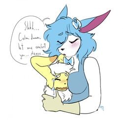 1boy anthro big_ears blue_hair blush closed_eyes clothed clothing comforting crying cylvanus_karamele dialogue duo english_text eyebrows eyebrows_visible_through_hair fan_character female gloves hug male meowstic original_character overalls pokémon_(species) pokemon shiny_pokemon signature size_difference sleepytoy sylveon toy_(sleepytoy) white_background white_fur white_hair wholesome yellow_fur young