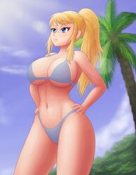 abs beach belly big_ass big_breasts bikini blonde_hair blue_eyes cleavage clouds eyebrows_visible_through_hair female female_only hand_on_hip huge_breasts human large_breasts metroid midriff navel nintendo ponytail saf-404 safartwoks safartworks samus_aran seaside sidelocks thick_thighs underboob wide_hips