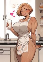 1futa ai_generated apron apron_only blonde_hair bulge bulge_through_clothing collarbone curly_hair curvy curvy_figure flaccid flaccid_penis futa_focus futanari glass huge_breasts huge_thighs kitchen milf mommy mommy_kink muscles muscular muscular_futanari savelli short_hair smiling solo solo_futa tagme thick_ass thick_thighs