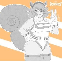 big_breasts cosplay ettso huge_breasts marvel marvel_comics miruko_(cosplay) my_hero_academia peace_sign squirrel_girl_(marvel) squirrel_girl_(marvel_rivals) squirrel_tail