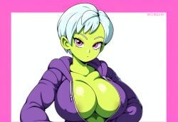 ai_generated alien alien_girl areola_slip areolae cheelai dragon_ball dragon_ball_super green_body green_skin hoodie jacket large_breasts mullon novelai white_hair