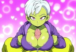 1boy 1boy1girl ai_generated alien alien_girl big_penis boobjob cheelai dragon_ball dragon_ball_super green_body green_skin large_breasts mullon novelai paizuri paizuri_under_clothes penis pov straight straight white_hair