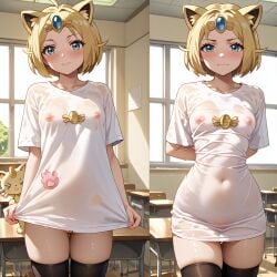 ai_generated animal_ears black_legwear blonde_hair blue_eyes blush bra_visible_through_clothes breasts cat_ears cat_girl circlet classroom covered_nipples cowboy_shot desk female indoors lifted_by_self looking_at_viewer meowth_(cosplay) nipples parted_bangs pokemon pussy rain see-through see-through_silhouette shirt short_hair skirt_hold small_breasts tail thighhighs thighs wet wet_clothes wet_dress wet_shirt window