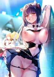 3girls :d arm_behind_head ayaka_(yuutousei_ayaka_no_uraomote) bare_shoulders bell black_bow black_bowtie black_dress black_panties blue_sky blurry blurry_background blush bokeh bow bowtie breasts breasts_apart breasts_out cameltoe cat_ear_panties cat_lingerie cleavage_cutout clothes_lift clothing_cutout collarbone day depth_of_field detexted dress eyelashes grin groin hair_ornament hair_scrunchie hairclip half-closed_eyes highres hisama_kumako holding holding_removed_eyewear jingle_bell large_breasts lifting_own_clothes light_particles long_hair looking_at_viewer multiple_girls navel neck_bell nipples open_mouth orange_eyes original outdoors panties pink_scrunchie pleated_skirt rimless_eyewear scrunchie short_dress side_ponytail skindentation skirt skirt_lift sky sleeveless sleeveless_dress smile stomach sweat teeth third-party_edit underwear unworn_eyewear wrist_cuffs yuutousei_ayaka_no_uraomote