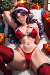 1girls ai_generated bangs brown_eyes christmas long_hair mature mature_female medium_breasts misato_katsuragi naughtygirlsai neon_genesis_evangelion purple_hair skinny