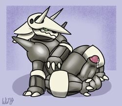 1boy 2019 aggron alternate_color big_testicles chubby erection feet feral foreskin green_eyes half-closed_eyes hi_res humanoid_penis large_penis leaking looking_at_viewer male male_only metallic_body nintendo on_ground penis phos pokémon_(species) pokemon pokemon_(species) pokemon_rse precum presenting presenting_penis scalie seductive sharp_teeth sitting smile solo teeth testicles text thick_thighs uncut video_games watermark wide_hips wingedwilly