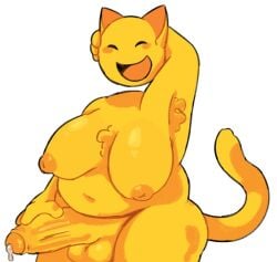 armpit_hair armpits balls big_balls big_breasts big_penis chubby drretro_(regretevator) futanari penis regretevator smiling yellow_body