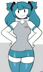 ai_generated bangs black_eyes blue_hair blue_thighhighs curvy elbow_gloves female fully_clothed hands_on_hips hatsune_miku hatsune_miku_(cosplay) jaiden jaiden_animations jaidenanimations looking_at_viewer medium_breasts pixai simple_background sleeveless sleeveless_dress slim_waist twintails vocaloid white_gloves white_skin