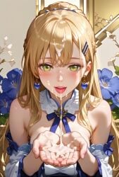 after_paizuri ai_generated bangs bare_shoulders blonde_hair blue_bow blue_dress blue_flower blue_neckwear blue_ribbon blue_rose blush breasts bukkake cross_earrings cum cum_in_mouth cum_on_body cum_on_boy cum_on_breasts cum_on_clothes cum_on_hair cum_on_hands cum_on_tongue cum_string cumdrip cupping_hands detached_collar detached_sleeves dress earrings eyebrows_visible_through_hair facial female floral_background flower green_eyes hair_ornament heart jewelry lily_(flower) long_hair long_sleeves looking_at_viewer medium_breasts neck_ribbon open_mouth plant ponytail ribbon smile solo strapless_dress suggestive_fluid tongue tongue_out white_flower