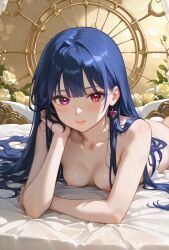 ai_generated bangs bed_sheet blue_hair blush breasts closed_mouth collarbone earrings female flower head_rest heart indoors jewelry long_hair looking_at_viewer lying nipples on_bed on_stomach red_eyes small_breasts smile solo