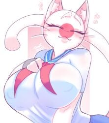 1girls big_breasts big_butt blue_skirt cat_ears cat_mouth cat_tail catgirl closed_eyes countryhumans countryhumans_girl japan_(countryhumans) nipples_visible_through_clothing olianmars white_background white_shirt white_skin