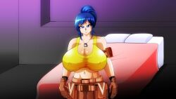 1girls bed bedroom big_breasts blue_eyes blue_hair breasts busty clothed female huge_breasts kaimanwanio king_of_fighters leona_heidern light-skinned_female light_skin long_hair looking_at_viewer military nipple_bulge pale-skinned_female pale_skin pants ponytail pov room soft_breasts standing tank_top thick tied_hair tight_clothes voluptuous voluptuous_female