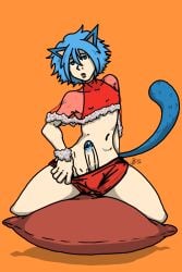 average_sized_penis blue_cat blue_eyes blue_hair blue_penis blue_tail cape cartoon_network cat_ears cat_tail crop_top femboy feminine_male fn_seadder gumball_watterson looking_at_viewer nipples_visible_through_clothing pillow red_shirt red_shorts shorts the_amazing_world_of_gumball thick_thighs undressing