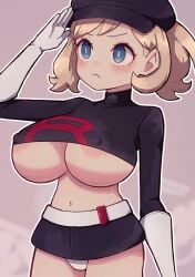 breasts creatures_(company) female game_freak lamb-oic029 large_breasts nintendo panties pantyshot pokemon solo team_rocket team_rocket_uniform underboob underwear white_panties