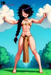 1boy 2d ai_generated bikini black_hair blush blush bulge bulge_through_clothing choker ear_piercing earrings femboy flat_chest ilfb long_hair long_penis looking_at_another looking_away open_mouth pink_eyes ponytail precum precum_drip pubic pubic_hair short_hair shy smile smiling standing surprised tongue trap uncensored