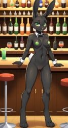 1girls 2024 ai_generated anthro bar_(place) bar_stool bartender black_fur blushing breasts digitigrade female female_only furry green_eyes green_nipples hi_res indoors innie_pussy looking_at_viewer nude nude_female pussy rabbit smile