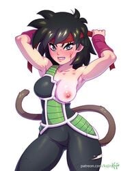 areolae bandana bardock_(cosplay) battle_armor black_hair breasts clothing dragon_ball dragon_ball_super female female_only gine hair headband kajinman milf nipples one_breast_out saiyan saiyan_tail solo tail