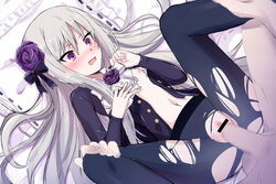 1girls black_legwear blush breasts clothed_sex clothing female flower gothic_wa_mahou_otome hair_flower hair_ornament long_hair lying nipples open_mouth penetration penis purple_eyes purple_flower purple_rose pussy rosalie_(gothic_wa_mahou_otome) rose samoore sex small_breasts spread_legs thighhighs torn_clothes vaginal_penetration very_long_hair white_hair