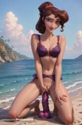 1girls ai_generated artist_name barefoot beach blurry bottomless bra breasts brown_hair cleavage cloud day dildo dildo_in_pussy dildo_insertion dildo_riding disney disney_princess female_masturbation full_body garter_belt greek_mythology hairband hercules_(disney) hi_res huge_dildo kneeling lingerie lips lipstick long_hair looking_at_viewer makeup masturbation medium_breasts megara navel object_insertion ocean open_mouth outdoors ponytail progenarts purple_bra purple_eyes pussy red_lips sex_toy sky smile solo uncensored underwear vaginal_insertion vaginal_masturbation vaginal_object_insertion vaginal_penetration water