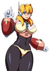 1girls alia black_bodysuit blonde_hair blue_eyes blush g-string hand_up kotatuman_dash long_hair mega_man mega_man_x robot_girl white_background white_gloves