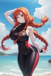 ai_generated beach big_breasts braid braided_hair clouds curvy fit_female freckles freckles_on_face green_eyes hips ocean red_hair