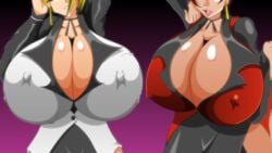 2girls big_breasts blonde_hair breasts brown_hair busty cleavage clothed curvaceous curvaceous_female curvy curvy_female dark-skinned_female dark_skin dress female giant_breasts huge_breasts kaimanwanio king_of_fighters large_breasts light-skinned_female light_skin long_hair mature_(kof) necklace nipple_bulge pov short_hair soft_breasts tan tan-skinned_female tan_body tan_skin tanned vice_(kof) voluptuous voluptuous_female