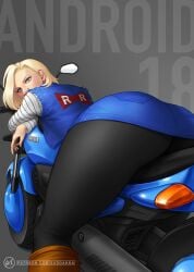 1girls android_18 artist_name ass black_pantyhose blonde_hair blue_eyes boots breasts character_name commentary dragon_ball dragon_ball_z earrings female grey_background highres jacket jewelry long_sleeves looking_at_viewer looking_back medium_breasts miniskirt motor_vehicle motorcycle on_motorcycle open_clothes pantyhose red_ribbon_army short_hair simple_background skirt solo suddakka