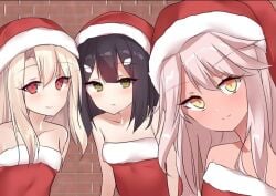 3girls artist_request chloe_von_einzbern christmas christmas_outfit cute fate/kaleid_liner_prisma_illya fate_(series) illyasviel_von_einzbern looking_at_viewer miyu_edelfelt open_shoulders small_breasts