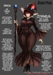 1girls big_breasts brown_hair character_sheet clothing colored cornelia_(ramia-yana) english_text female female_only female_solo grey_background hi_res looking_at_viewer magic_staff ramia-yana red_hair short_hair solo text thegoldensmurf thick_thighs white_eyes wide_hips witch witch_hat